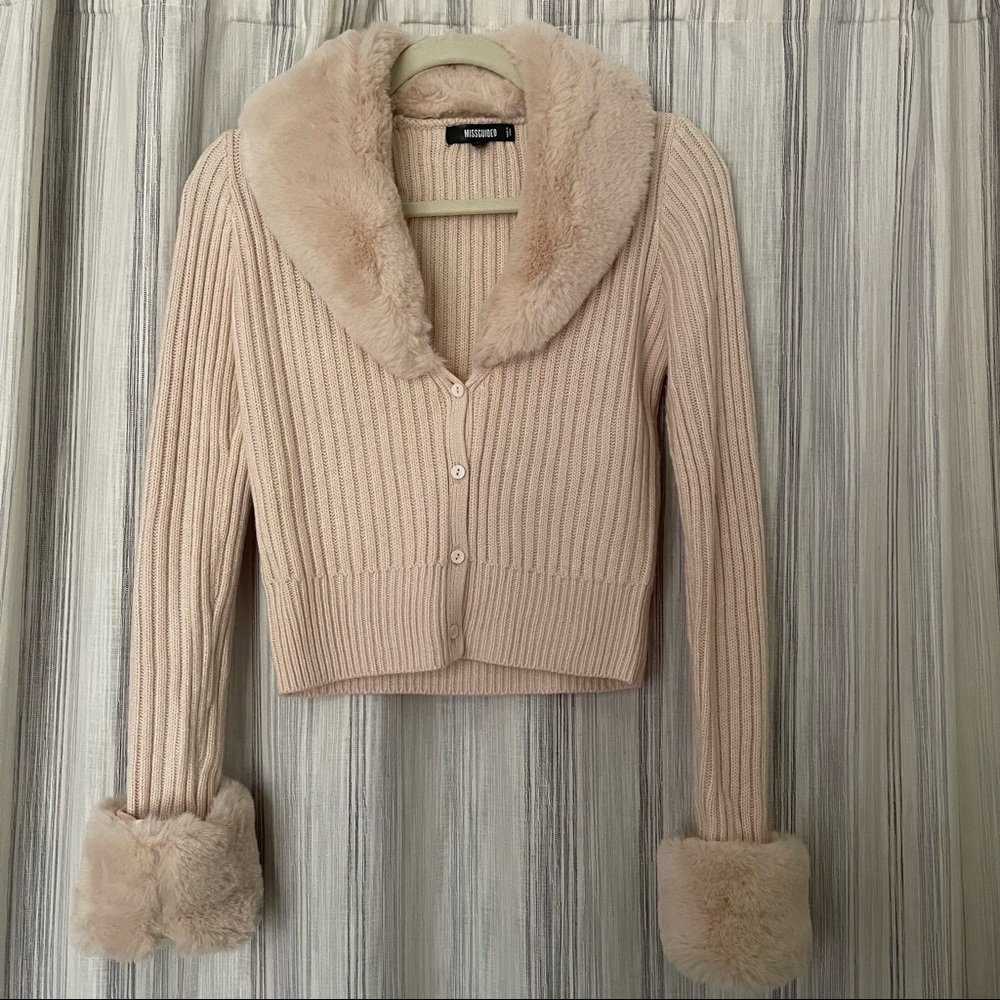 Missguided tall cream faux fur trim knit cardigan - size 4